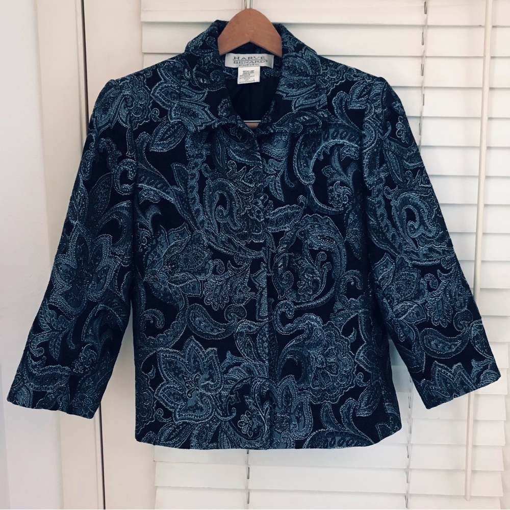 Harve Benard Petites Paisley Blazer / Jacket Blue Black Sz 8P Classic Back Slits